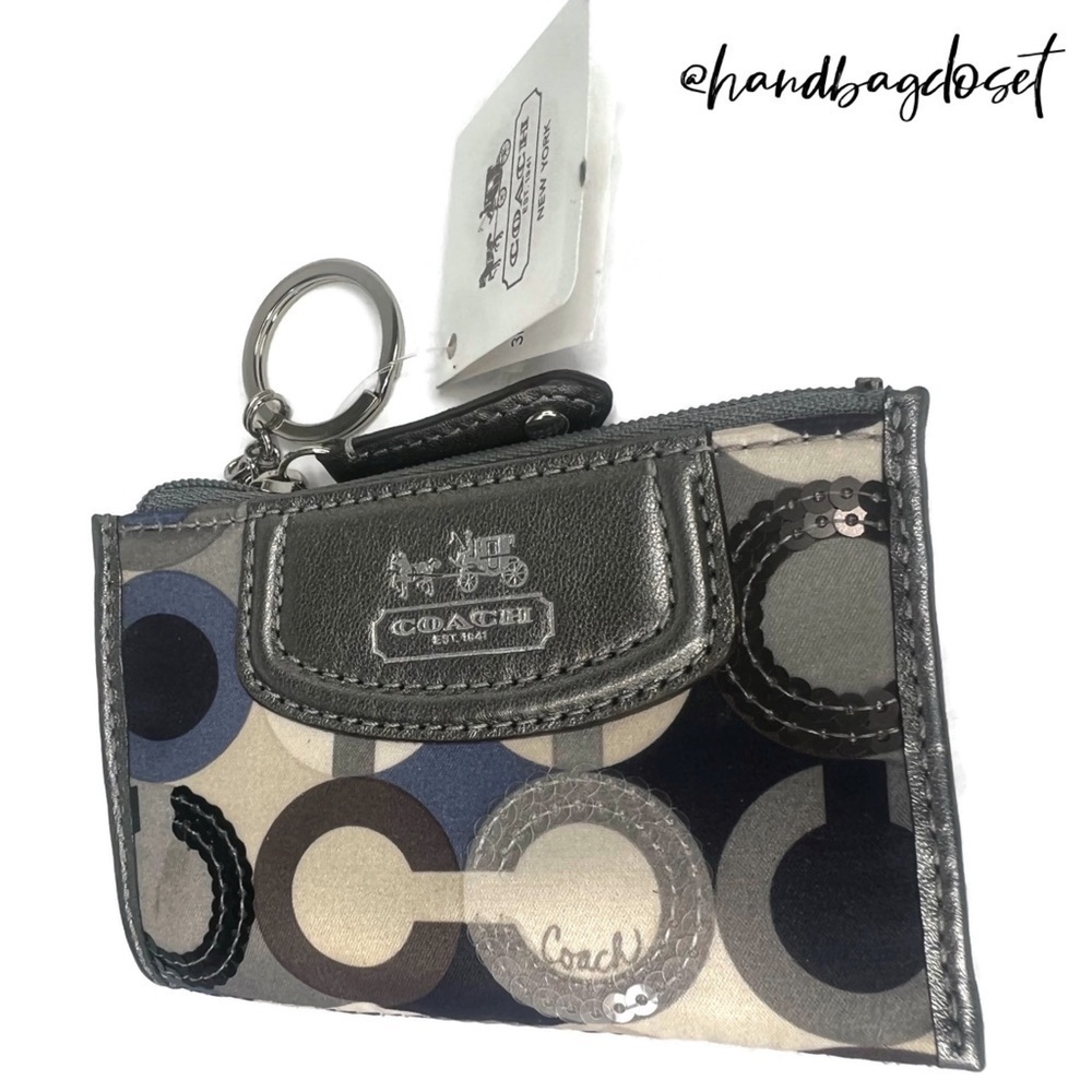 Coach Madison ID Skinny Wallet Keychain 47250 Optic C Sequin Gray Blue Fabric - Picture 3 of 9